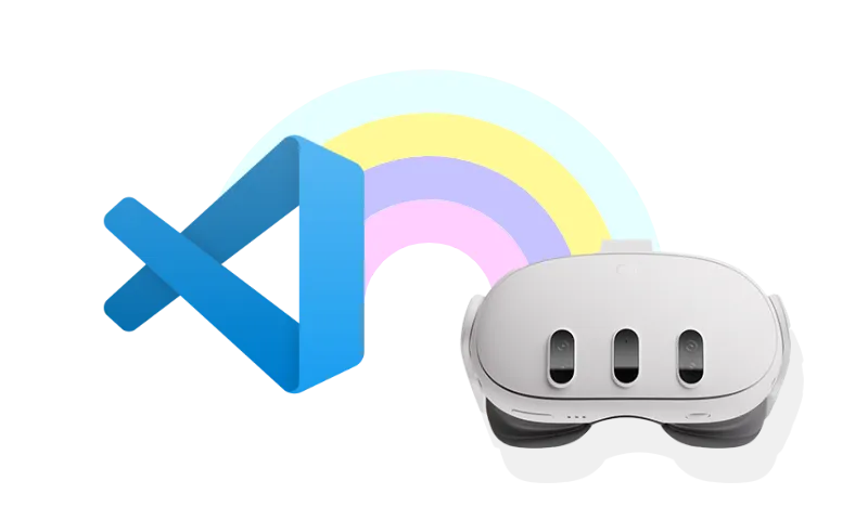 The Visual Studio Code logo connected to a Quest headset with a colorful rainbow.
